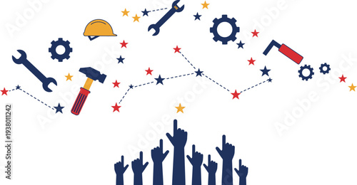 Industrial tools and gears forming a brain shape with cityscape silhouette