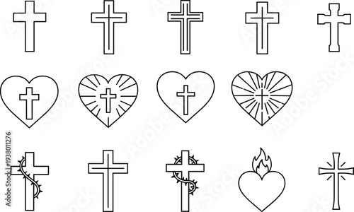 Various Christian Cross and Heart Symbols with Different crosses hearts Christian symbols religious line black and white