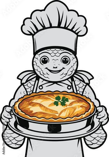  Fisher baker fish-human hybrid holding tray of baked fish pie, bold thick black clean outline, minimalist vector sticker, white background