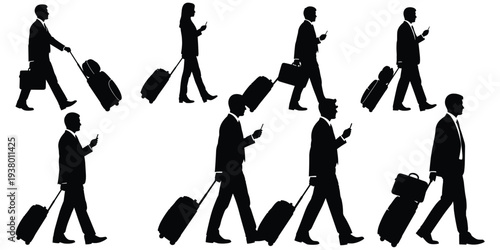 Business travel silhouette illustration, corporate mobility artwork, professional journey design tribute, workplace technology concept, airport lifestyle theme flat vector illustration