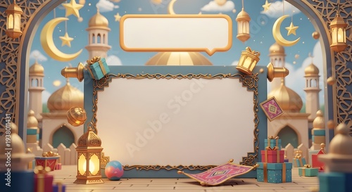 Ramadan Kareem Banner Template with Islamic Ornament Frame and Lantern Light