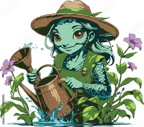  Fisher gardener fish-human hybrid watering aquatic plants with watering can, bold thick black clean outline, vector sticker, white background 1