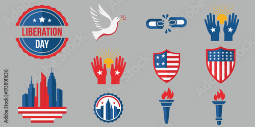 Liberation Day icons, patriotic freedom symbols, American independence celebration graphics, liberty torch, peace dove, broken chain, flat vector illustration