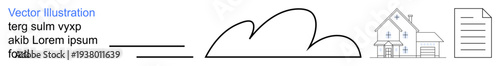 Technology integration, remote work, data storage, cloud solutions, smart homes, digital transformation. Minimalist cloud, home and document icons. Cloud solutions and remote work concept