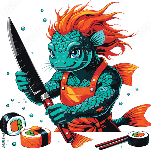 Fisher-chef fish-human hybrid slicing sushi with kitchen knife, bold thick black clean outline, vector sticker style, white background 1