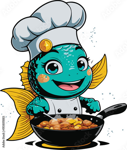  Friendly human-fish hybrid character wearing chef hat cooking in a frying pan, bold thick black clean outline, minimalist vector sticker, pure white background