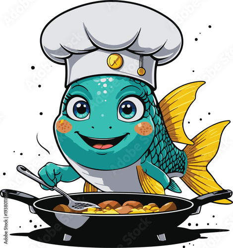 Friendly human-fish hybrid character wearing chef hat cooking in a frying pan, bold thick black clean outline, minimalist vector sticker, pure white background 1