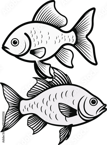 Minimalist developing juvenile fish vector sticker, bold black thick clean outline, pure white background