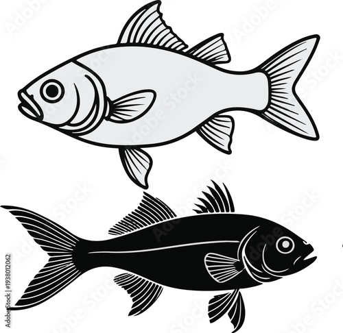  Minimalist early fry stage fish vector sticker, bold black thick clean outline, pure white background 1