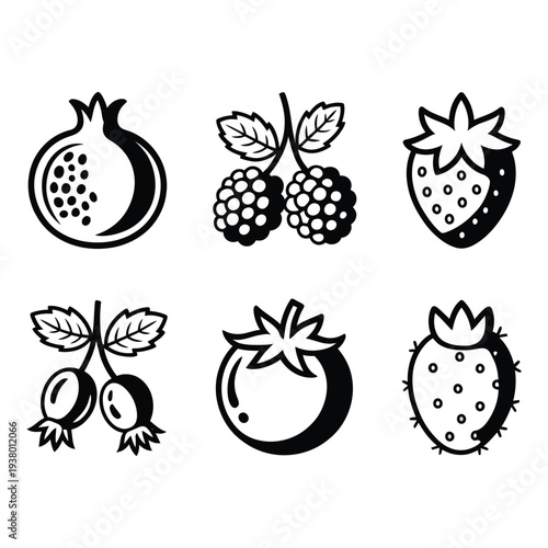Delicious fresh fruits and healthy berries icon collection for nutrition and natural food products