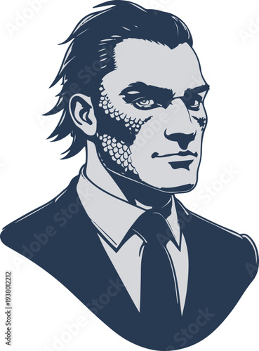 Businessman fish-human hybrid wearing tie and holding briefcase, bold thick black clean outline, vector sticker style, white background