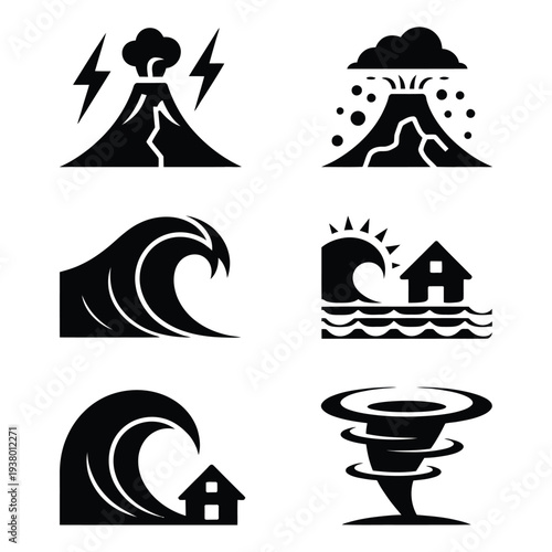 Dynamic natural disaster icons showing volcano, tsunami, and tornado events