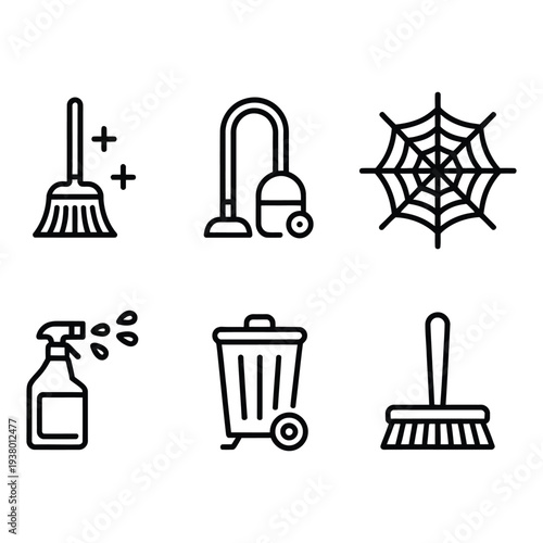 Essential household cleaning tools and supplies outline icons collection