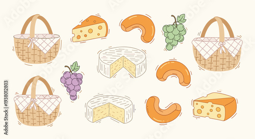 Delightful picnic basket arrangement featuring assorted cheeses grapes and cashews on a light background