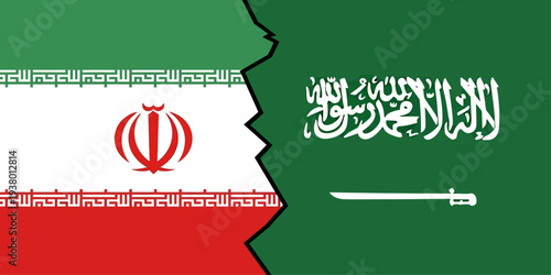Iran and Saudi Arabia flags cracked illustration symbolizing geopolitical rivalry