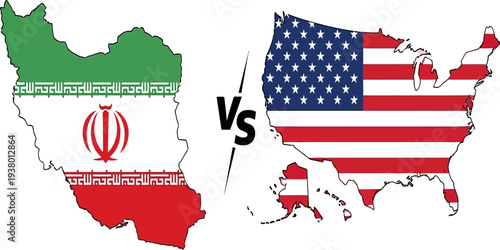 Iran versus United States map illustration showing geopolitical conflict rivalry
