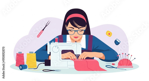 Young Asian woman sewing with tablet at crafting desk creative workspace flat lay top view