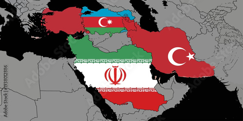 Iran, Azerbaijan, and Turkey map illustration showing regional geopolitical relations
