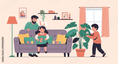 Happy family unpacking moving boxes in cozy living room with plants and warm lighting