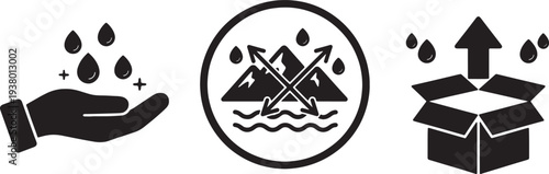 black and white icons of hand holding water drops and cardboard box with arrows