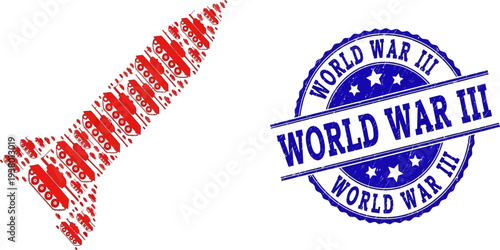World War III stamp illustration with cancelled war concept message