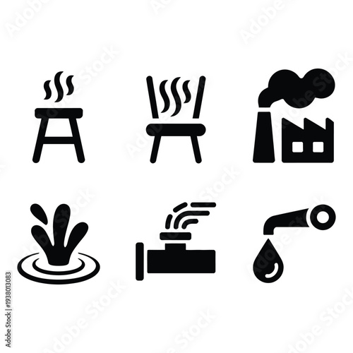 Industrial activity, environmental pollution, and water resource related vector icons