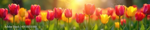 Vibrant tulips in a lush spring garden bursting with color Sunlight streams through the blossoms, creating a cheerful and lively scene perfect for spring themes , day, orange, nature