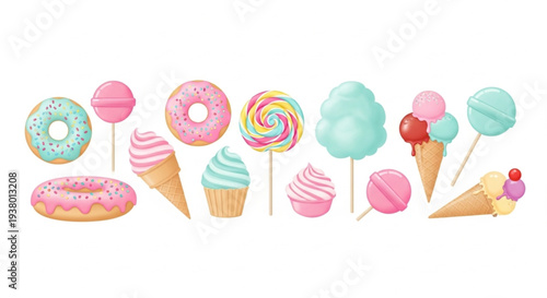 Colorful assorted lollipops donuts cupcakes and ice cream on white background flat lay