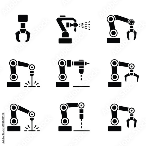 Industrial Robotic Arms Icons Representing Automation and Manufacturing Processes