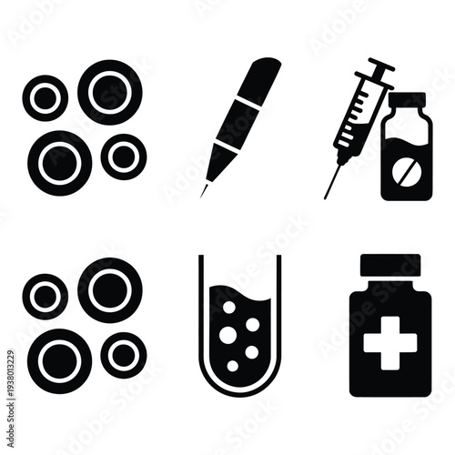 Medical and Scientific Solid Icons Set Featuring Laboratory and Healthcare Tools