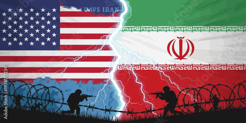 USA and Iran conflict illustration with cracked flags and soldiers