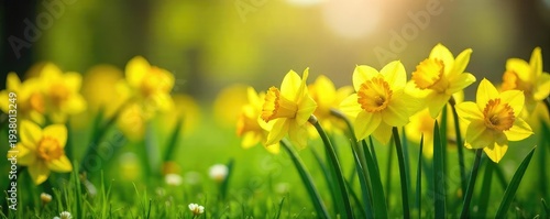 Vibrant yellow daffodils blooming in a lush green spring meadow, bathed in bright sunlight Perfect for spring themes, Easter, and nature imagery , field, landscape, sunshine