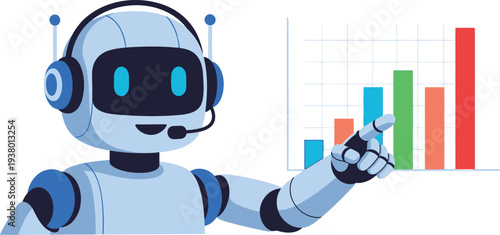 Robot pointing at colorful graph with headset