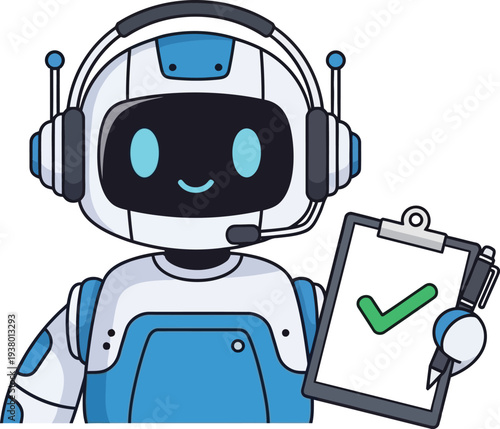 Cute robot character wearing headset holding clipboard with checkmark