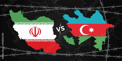 Iran versus Azerbaijan map illustration with barbed wire geopolitical tension