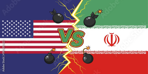 Conceptual illustration of the United States and Iran flags facing off with a glowing “VS” and cartoon bombs over a cracked lightning divide, symbolizing geopolitical conflict, military tension, and i