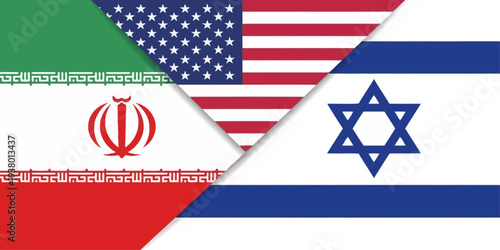 Diagonal split illustration showing the United States, Iran, and Israel flags, symbolizing geopolitical tensions and alliances in the Middle East, with bold flag composition representing international
