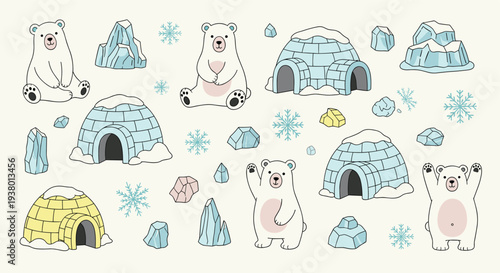 Cute polar bears and igloos in a snowy arctic landscape with snowflakes and ice formations