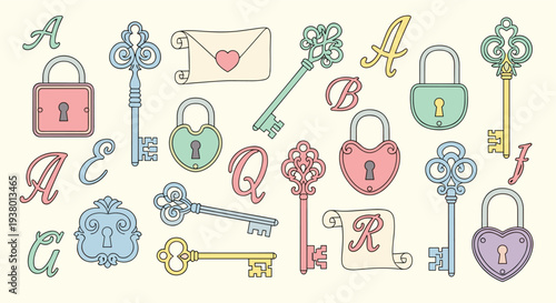Collection of vintage keys and padlocks with decorative elements and letters on a cream background