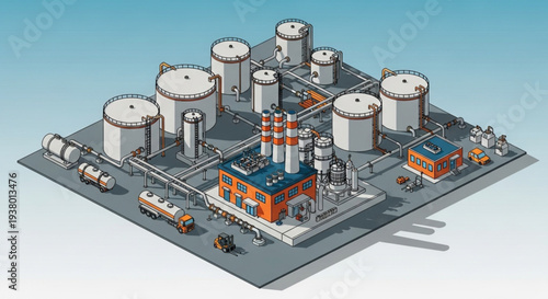 Industrial Oil Refinery Complex with Storage Tanks and Pipelines.