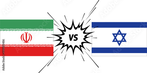 Conceptual illustration of geopolitical conflict between Iran and Israel, featuring both national flags facing each other with a comic-style “VS” burst in the center, symbolizing rivalry, military ten