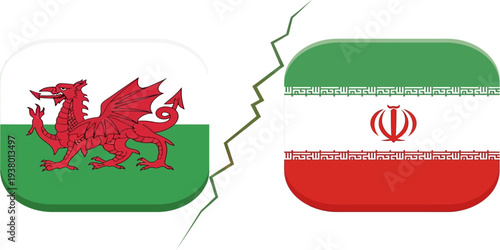 Split illustration showing geopolitical tension between Wales and Iran, with the Welsh red dragon flag on the left and the Iranian flag on the right, separated by a cracked divide symbolizing politica