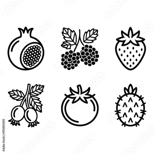 Outline Fruit and Berry Icons Collection for Healthy Food and Nutrition Designs