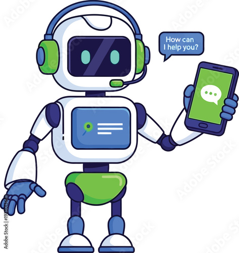 Cute robot with headset and smartphone