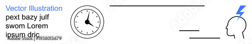 Time management, mental focus, productivity, stress reduction, scheduling, goal setting. Clock time concept and head with a lightning bolt for mental focus. Time management and mental focus