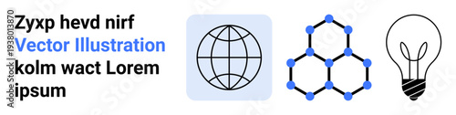 Global connectivity, innovation, science, education, creativity, knowledge sharing. Globe, molecular hexagonal structure and light bulb in black and blue icons. Global connectivity and innovation