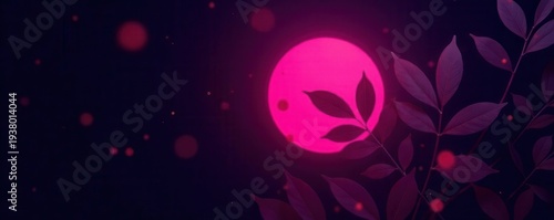 Dark background, vibrant pink circle, overlaid leaves , green, illustration, artwork