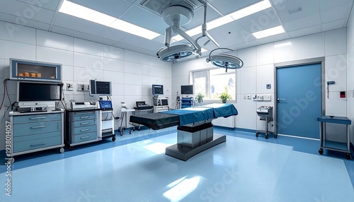 Sterile operating room with medical equipment, monitors, lights, and a surgical table in a clean, modern setting