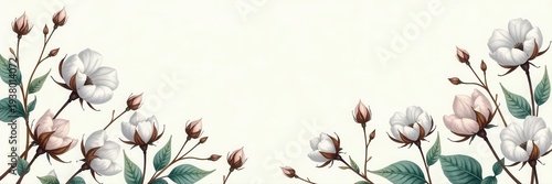 Delicate cotton plant & leaves, hand-drawn line art for wedding stationery, cotton, invitation, wedding