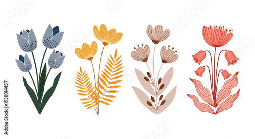 Set of Four Stylized Floral Illustrations in Different Colors.